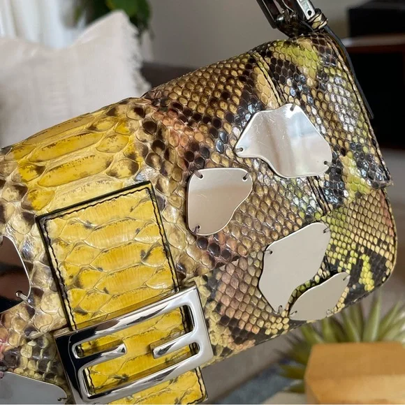 SOLD FENDI Rare Baguette Vintage Mirror Python Karl Lagerfeld Embellished - Picture 8 of 17